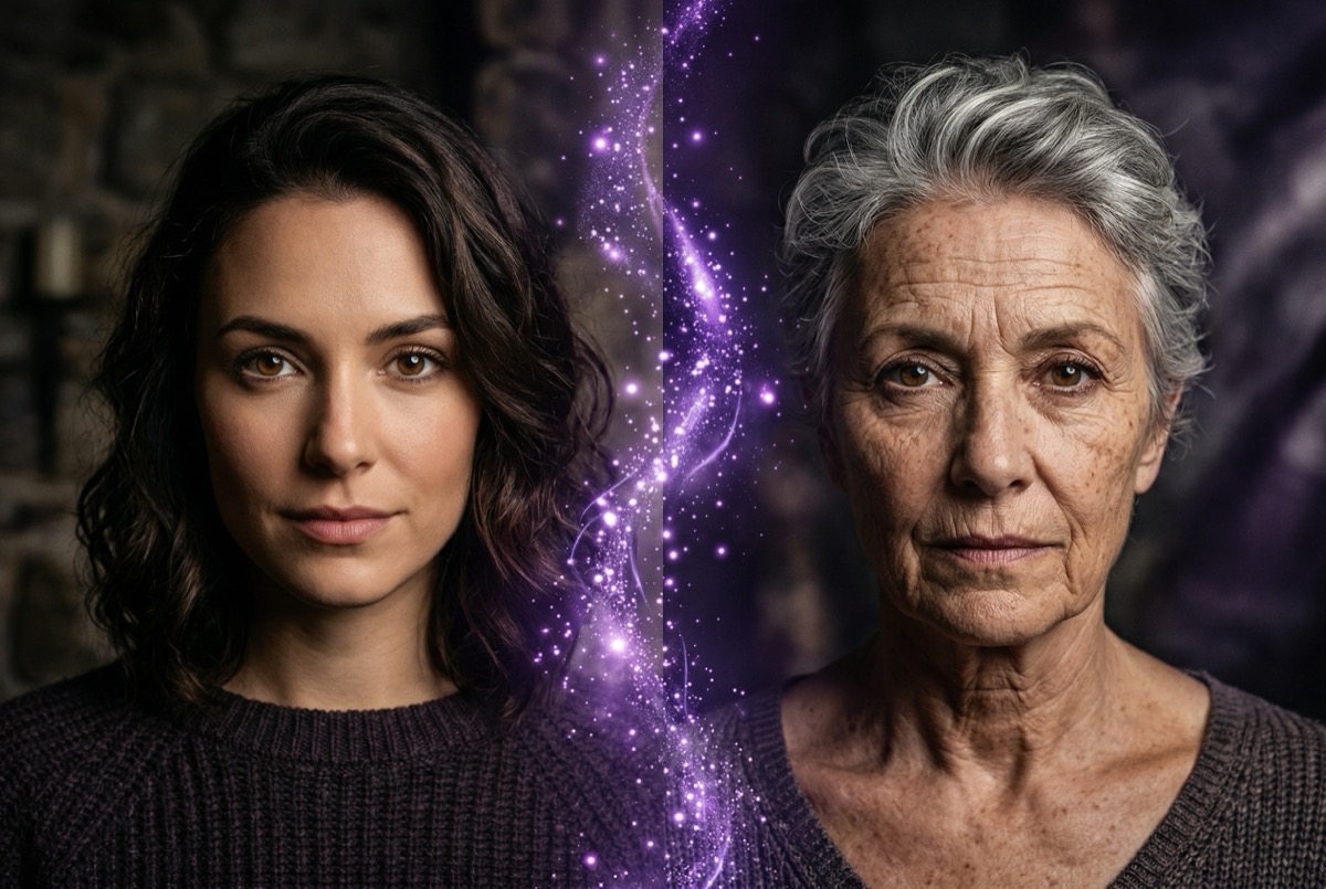 Portrait showing realistic aging transformation using the Time Travel spell